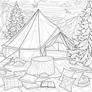 Kamp. Dağlar ve ilk çadır. Peyzaj. Çocuklar ve yetişkinler için boyama kitabı baskısı. Resimler beyaz arka planda izole edildi. Siyah-beyaz çizim. Zen-karmaşa tarzı..