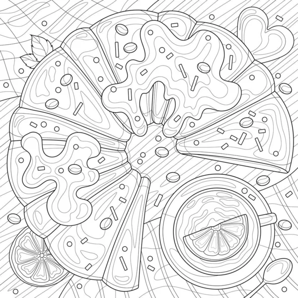 Tarte Chocolat Thé Dessert Coloriage Antistress Pour Enfants Adultes Illustration — Image vectorielle