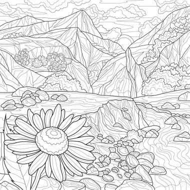 Chamomile and mountains landscape.Coloring book antistress for children and adults. Illustration isolated on white background.Zen-tangle style. Hand draw