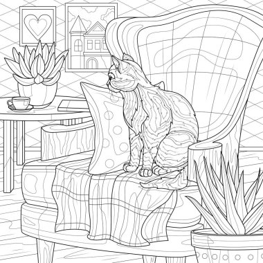 Koltuktaki kedi. İç mekan. Çocuklar ve yetişkinler için boyama kitabı. Resimler beyaz arka planda izole edildi. Zen-karmaşası tarzı. El çizimi