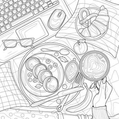 Laptopun üstünde yemek ve bir bardak elinle. Çocuklar ve yetişkinler için boyama kitabı antistresi. Resimler beyaz arka planda izole edildi. Zen-karmaşası tarzı. El çizimi