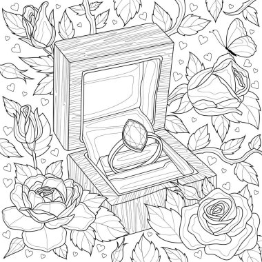 Engagement ring and roses.Coloring book antistress for children and adults. Illustration isolated on white background. Zen-tangle style. Hand draw