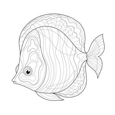 Balık. Siyah beyaz eskiz. Çocuklar ve yetişkinler için boyama kitabı antistresi. Resimler beyaz arka planda izole edildi. Zen-karmaşası tarzı. El çizimi