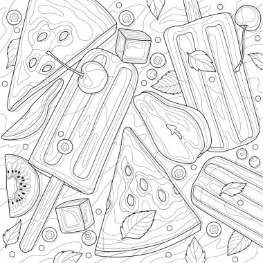 Meyveli dondurma. Tatlı. Çocuklar ve yetişkinler için boyama kitabı. Resimler beyaz arkaplanda izole edildi. Zen-karmaşası tarzı. El çizimi