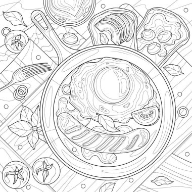 Breakfast with egg and sausage in a pan.Coloring book antistress for children and adults. Illustration isolated on white background. Zen-tangle style. Hand draw