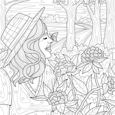 Çiçeklerin arasında burnunda kelebek olan şapkalı bir kız. Çocuklar ve yetişkinler için boyama kitabı antistresi. Resimler beyaz arka planda izole edildi. Zen-karmaşası tarzı. El çizimi