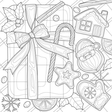 Tatlılar ve farklı şekillerde zencefilli ekmekler arasında Noel hediyesi. Çocuklar ve yetişkinler için boyama kitabı antistresi. Resimler beyaz arka planda izole edildi. Zen-karmaşası tarzı. El çizimi