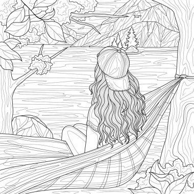 Coloring book antistress for children and adults. The girl sits in a hammock and looks at the lake and mountains. Landscape.Illustration isolated on white background. Zen-tangle style. Hand draw