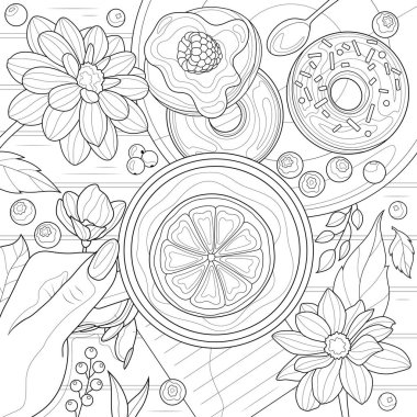 Çay, çörek ve çiçeklerle el. Çocuklar ve yetişkinler için boyama kitabı. Resimler beyaz arka planda izole edildi. Zen-karmaşası tarzı. El çizimi