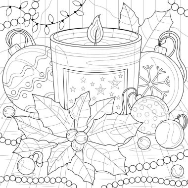 Noel oyuncakları ve çobanpüskülü mumlar. Çocuklar ve yetişkinler için boyama kitabı antistresi. Resimler beyaz arka planda izole edildi. Zen-karmaşası tarzı. El çizimi