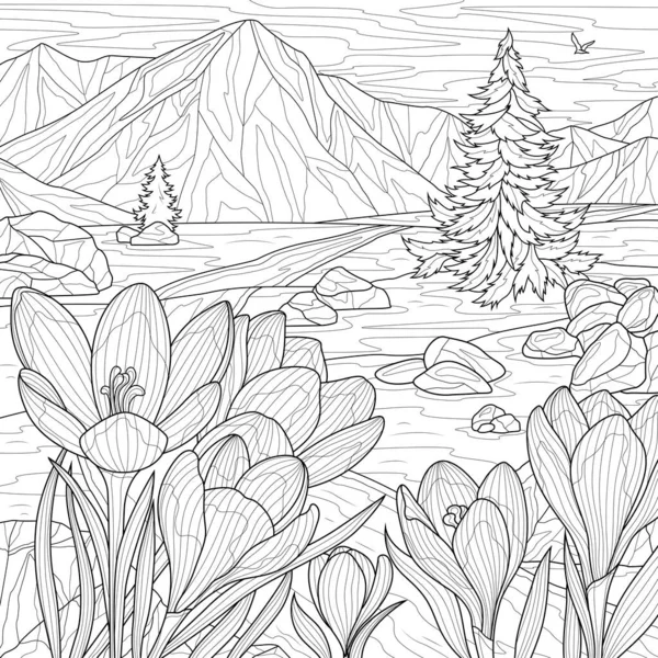 Landscape Crocuses Mountains Coloring Book Antistress Children Adults Illustration Isolated —  Vetores de Stock