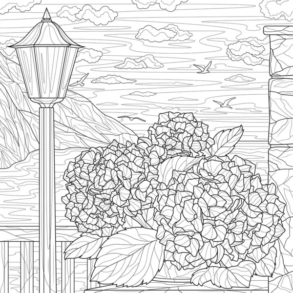 Bouquet Hydrangeas Street Lamp Landscape Sea Mountains Coloring Book Antistress — стоковый вектор