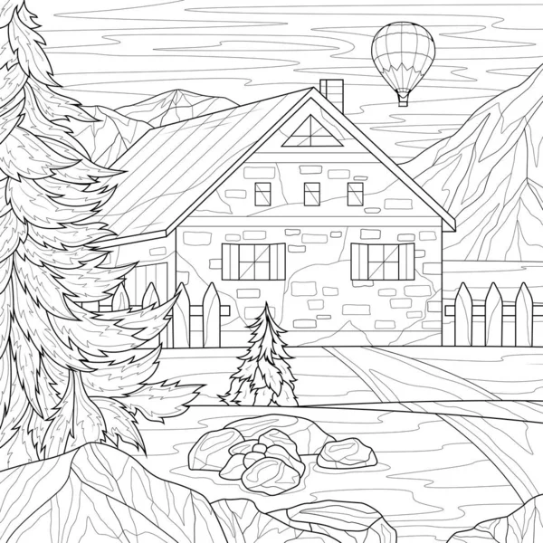 House Mountains Firs Coloring Book Antistress Children Adults Illustration Isolated — Image vectorielle
