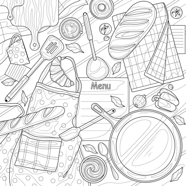 台所用品や食品 子供や大人のためのぬりえ本の抗ストレス 白を基調としたイラスト 禅宗様 手描き — ストックベクタ