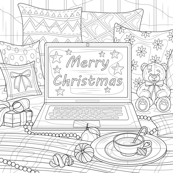 笔记本电脑在枕头之间 这里有圣诞气氛 为儿童和成年人涂上彩色的书 以缓解压力 在白色背景上孤立的示例 Zen Tangle样式 — 图库矢量图片