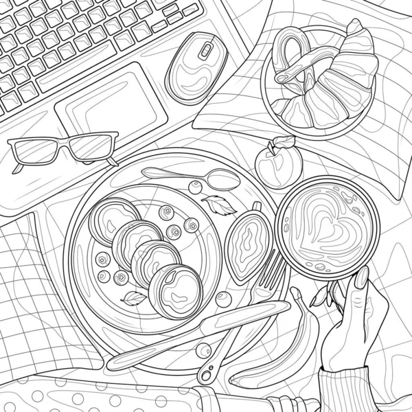 Laptopun üstünde yemek ve bir bardak elinle. Çocuklar ve yetişkinler için boyama kitabı antistresi. Resimler beyaz arka planda izole edildi. Zen-karmaşası tarzı. El çizimi