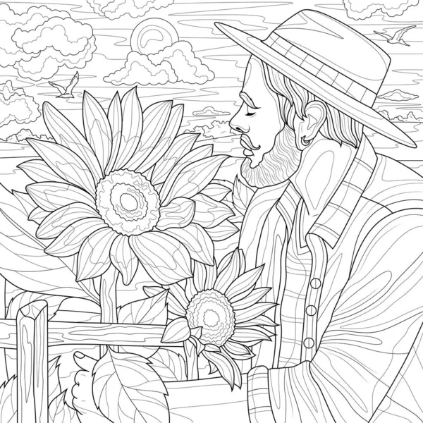 Muž Klobouku Slunečnice Omalovánky Antistress Pro Děti Dospělé Ilustrace Izolované — Stockový vektor
