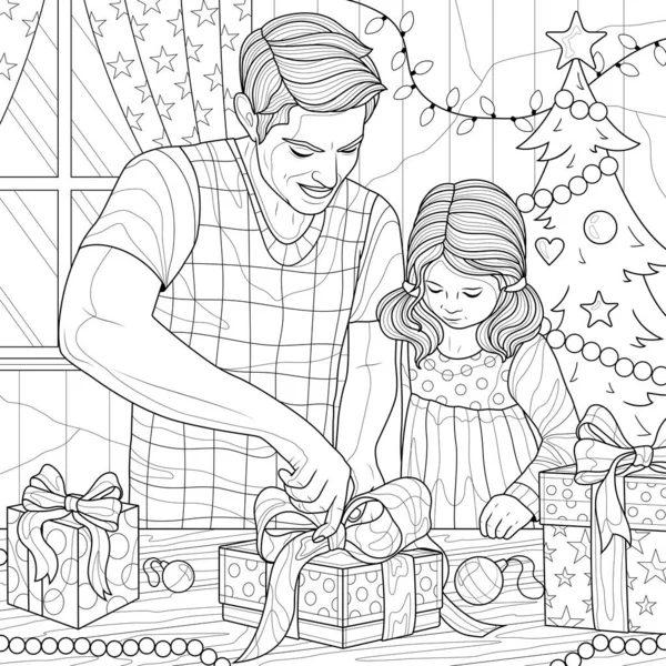 Dad Daughter Wrapping Presents Christmas Coloring Book Antistress Children Adults — Stock Vector