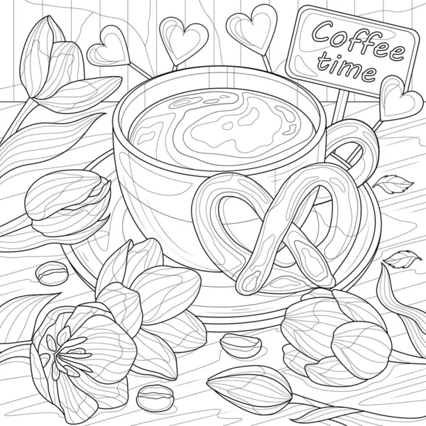 Tazza Caffè Pretzel Tulipi Colorare Libro Antistress Bambini Adulti Illustrazione — Vettoriale Stock