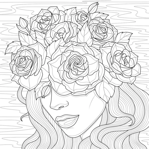 Girl Face Roses Her Head Coloring Book Antistress Children Adults — Vector de stock