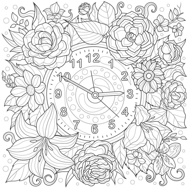 Saat ve çiçekler. Çocuklar ve yetişkinler için boyama kitabı antistresi. Resimler beyaz arka planda izole edildi. Zen-karmaşası tarzı. El çizimi