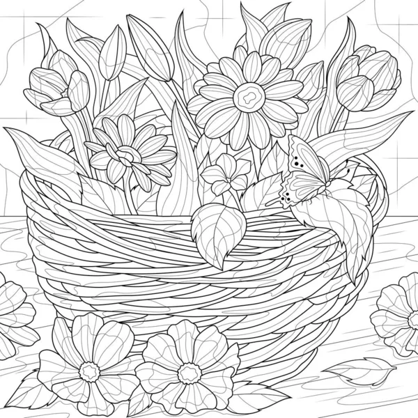 Flowers Basket Tulips Daisies Coloring Book Antistress Children Adults Illustration — Stock Vector