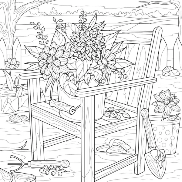 Flowers Chair Yard Gardening Coloring Book Antistress Children Adults Illustration — Vettoriale Stock