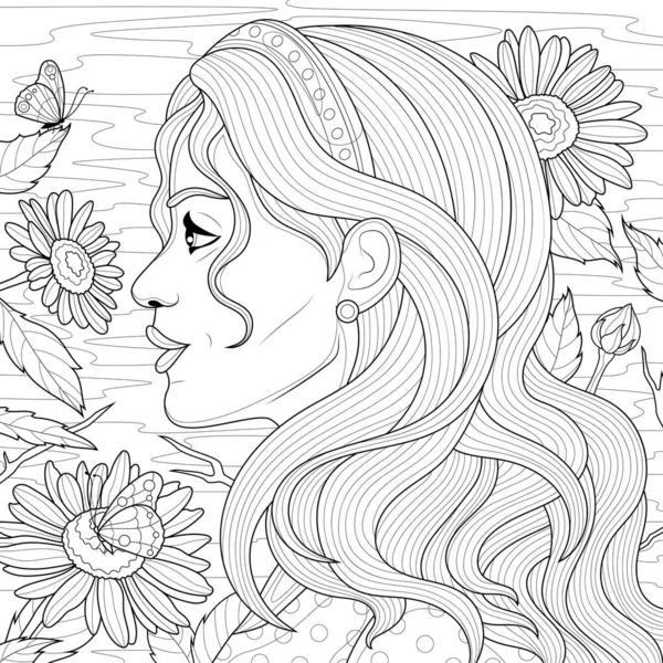Girl Profile Daisies Coloring Book Antistress Children Adults Illustration Isolated — Vector de stock
