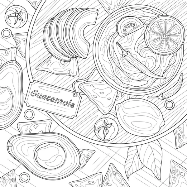 Guacamole.Çocuklar ve yetişkinler için boyama kitabı antistresi. Resimler beyaz arka planda izole edildi. Zen-karmaşası tarzı. El çizimi