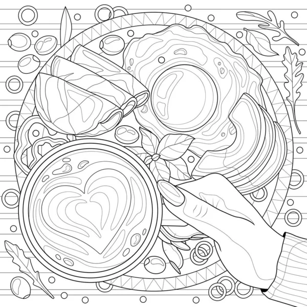 Avokado ve jambonlu bir fincan kahve ve yumurta. Kahvaltı. Çocuklar ve yetişkinler için boyama kitabı antistresi. Resimler beyaz arka planda izole edildi. Zen-karmaşası tarzı. El çizimi