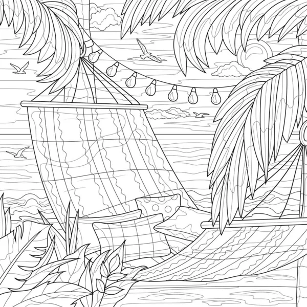 海边和棕榈树旁的吊床 给儿童和成人的书籍上色 在白色背景上孤立的说明 Zen Tangle风格 — 图库矢量图片