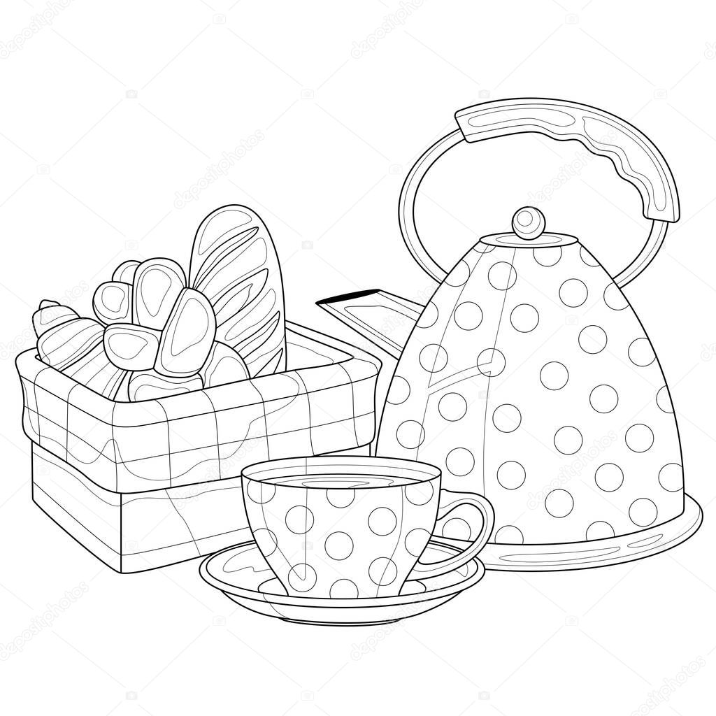 Teapot, cup and basket of buns.Coloring book antistress for children and adults. Illustration isolated on white background.Zen-tangle style. Hand draw