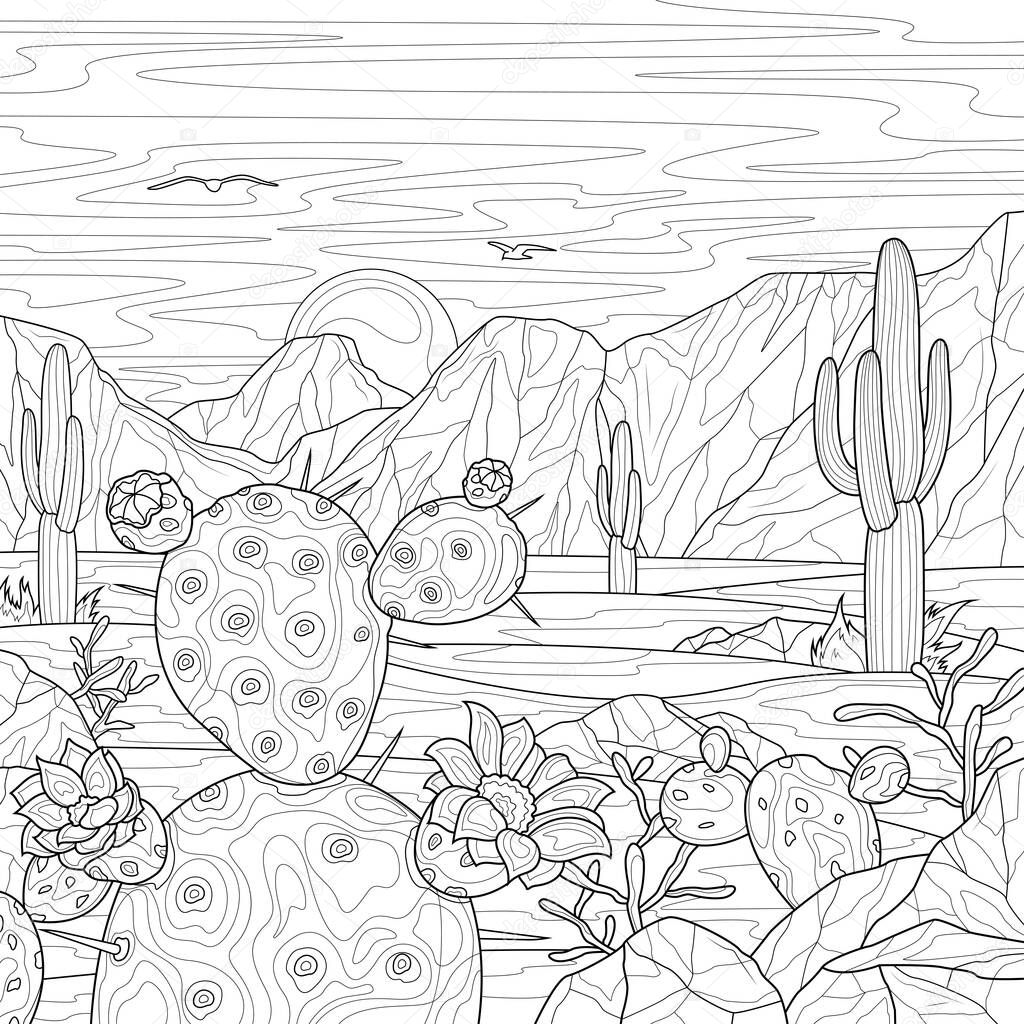 Desert with different cacti. Landscape. Sunset.Coloring book antistress for children and adults. Illustration isolated on white background.Zen-tangle style. Hand draw