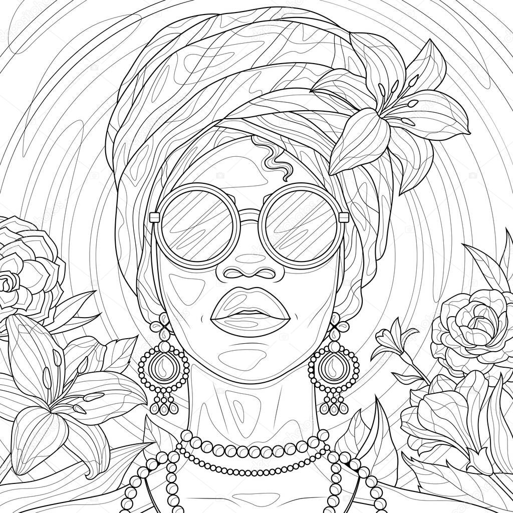 Girl in a turban and flowers.Coloring book antistress for children and adults. Illustration isolated on white background.Zen-tangle style. Hand draw