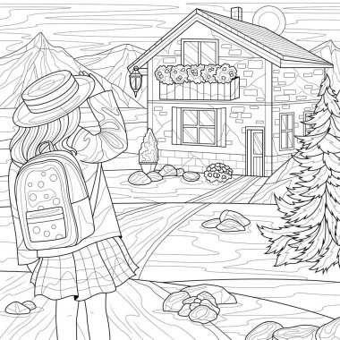 Öğrenci kız eve geldi. Kız ve dağlardaki ev. Çocuklar ve yetişkinler için boyama kitabı. Resimler beyaz arkaplanda izole edildi. Zen-karmaşası tarzı. El çizimi