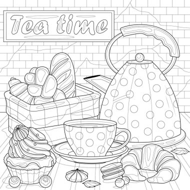 Çaydanlık, fincan ve hamur işleri. Mutfak. Çocuklar ve yetişkinler için boyama kitabı antistresi. Resimler beyaz arka planda izole edildi. Zen-karmaşası tarzı. El çizimi