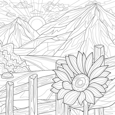 Dağlı ayçiçeği ve manzara. Çocuklar ve yetişkinler için boyama kitabı antistresi. Resimler beyaz arka planda izole edildi. Zen-karmaşası tarzı. El çizimi
