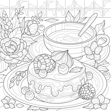 Tatlı ve çiçekli çay. Çocuklar ve yetişkinler için boyama kitabı antistresi. Resimler beyaz arka planda izole edildi. Zen-karmaşası tarzı. El çizimi