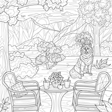 Ormanda piknik ve peyzaj. Çocuklar ve yetişkinler için boyama kitabı antistresi. Resimler beyaz arkaplanda izole edildi. Zen-karmaşası tarzı. El çizimi