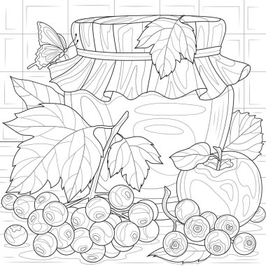 Jam with viburnum and apples.Coloring book antistress for children and adults. Illustration isolated on white background.Zen-tangle style. Hand draw