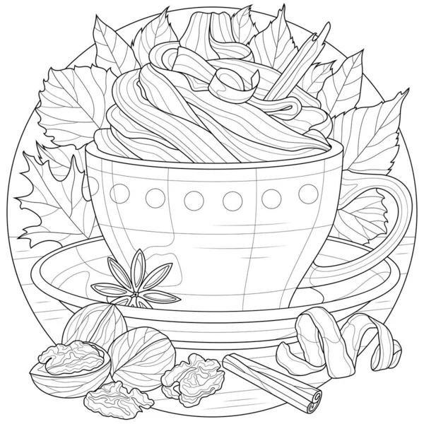 Λατέ Κανέλα Ξηρούς Καρπούς Και Φθινοπωρινά Φύλλα Ζεστό Ποτό Χρωματισμός — Διανυσματικό Αρχείο