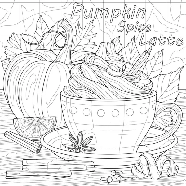 Pumpkin Latte Autumn Drink Coloring Book Antistress Children Adults Illustration — Stock Vector