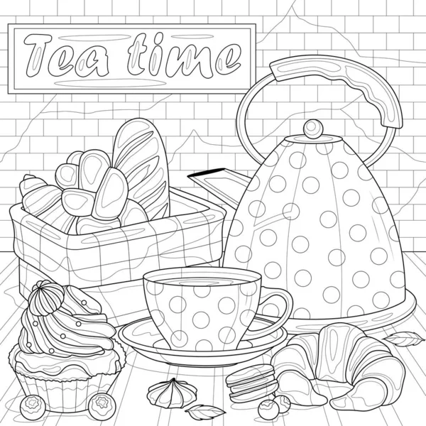 Théière Tasse Pâtisseries Cuisine Livre Colorier Antistress Pour Enfants Adultes — Image vectorielle