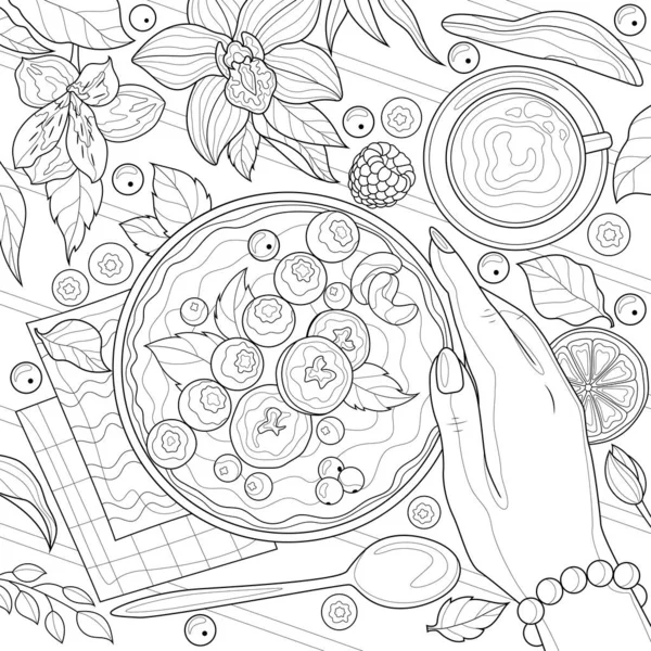 Meyve suyu kasesi ve el. Çocuklar ve yetişkinler için boyama kitabı antistresi. Resimler beyaz arka planda izole edildi. Zen-karmaşası tarzı. El çizimi