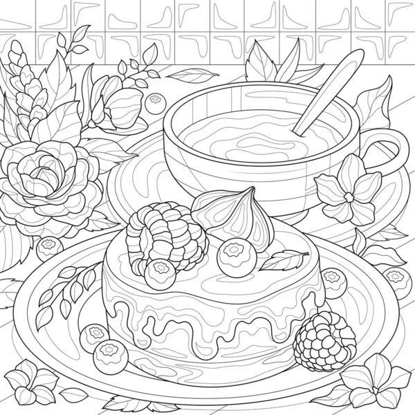 Thé Avec Dessert Fleurs Livre Colorier Antistress Pour Enfants Adultes — Image vectorielle
