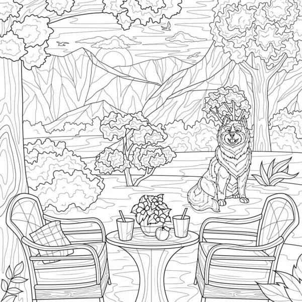 Picnic Forest Dog Landscape Coloring Book Antistress Children Adults Illustration — 스톡 벡터