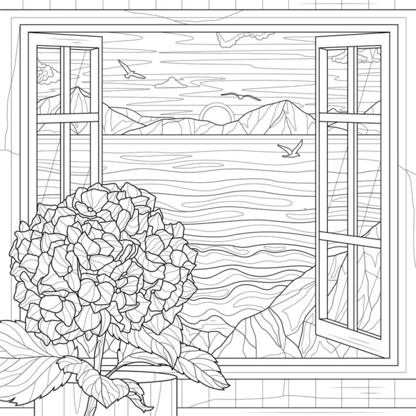 Hydrangea Window Sea Mountains Landscape Coloring Book Antistress Children Adults —  Vetores de Stock