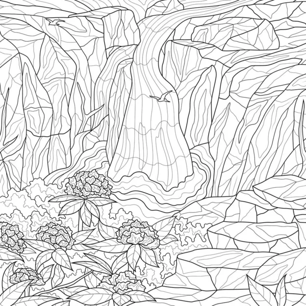 Водоспад Квіти Пейзаж Розмальовка Книжка Антистрес Дітей Дорослих Ілюстрація Ізольована — стоковий вектор