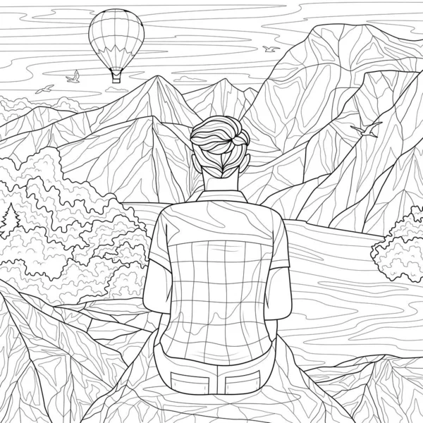 Хлопець Сидить Камені Дивиться Пейзаж Горами Ілюстрація Ізольована Білому Тлі — стоковий вектор