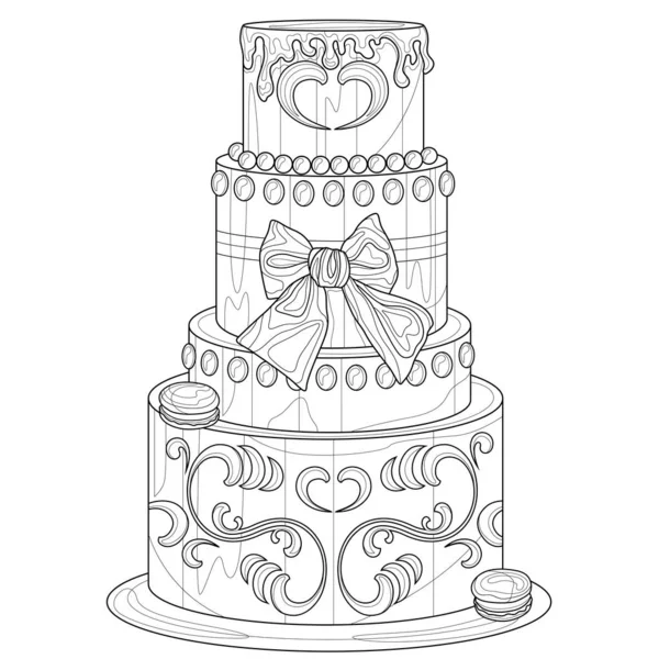 Large Three Tiered Cake Decorations Coloring Book Antistress Children Adults — Archivo Imágenes Vectoriales